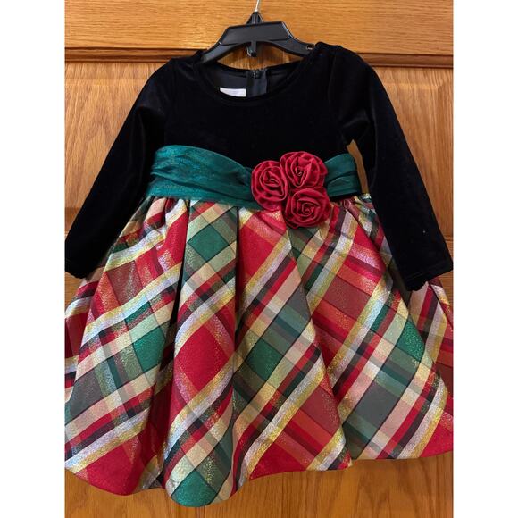 NEW Iris & Ivy  Girls 12M "BLACK VELVET RED GREEN PLAID" Taffeta Christmas Dress - Picture 4 of 5